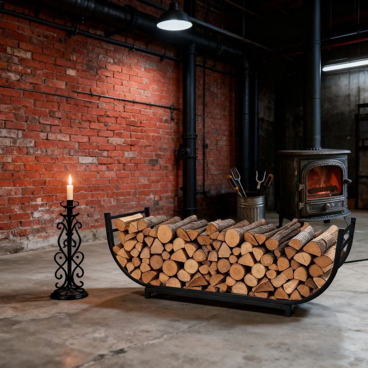 17 stories support courbé en bois de chauffage pour l'intérieur et l'extérieur, porte bûches en acier robuste avec revêtement antirouille, rangement e